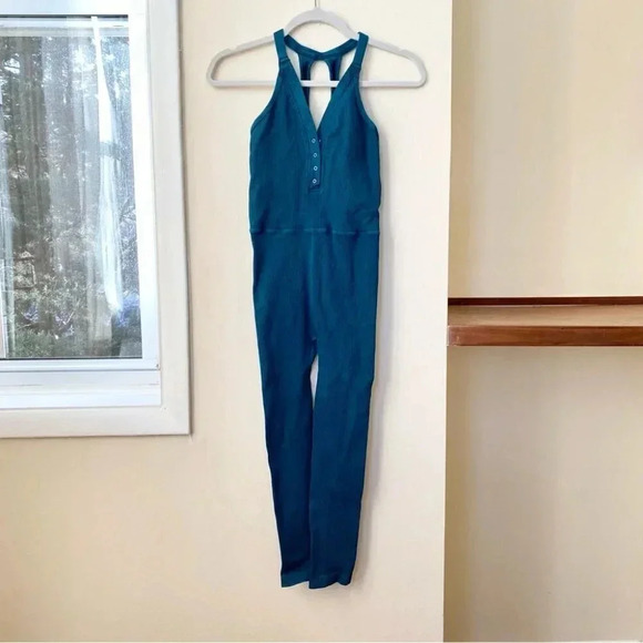 Free People Happiness Runs Henley Onesie Jumpsuit One Piece Teal Jewel Blue - Picture 2 of 9